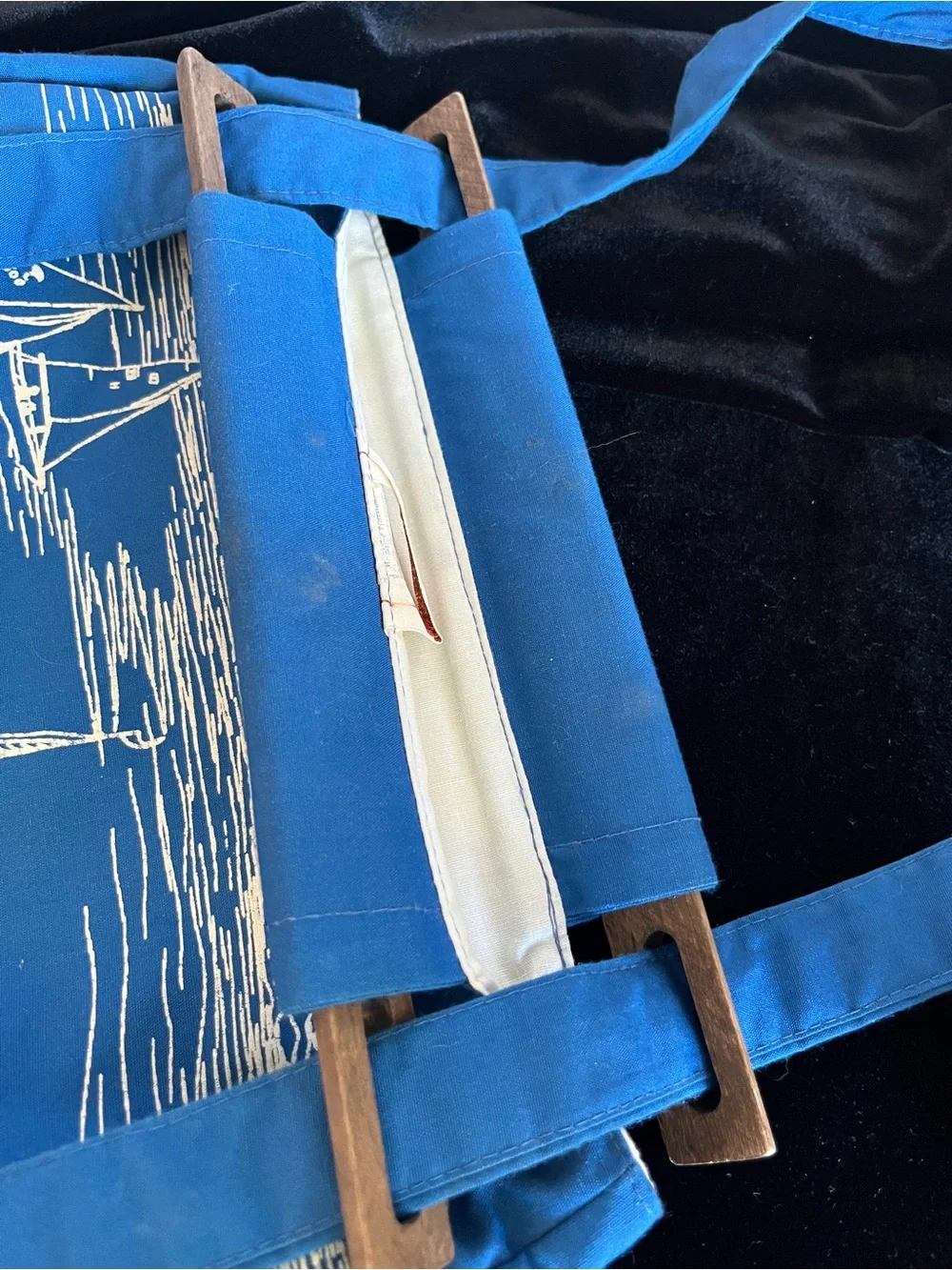 Vintage Flamstead of Vermont 70s-80s Coastal Sailboat Ocean Wood & Fabric Bag